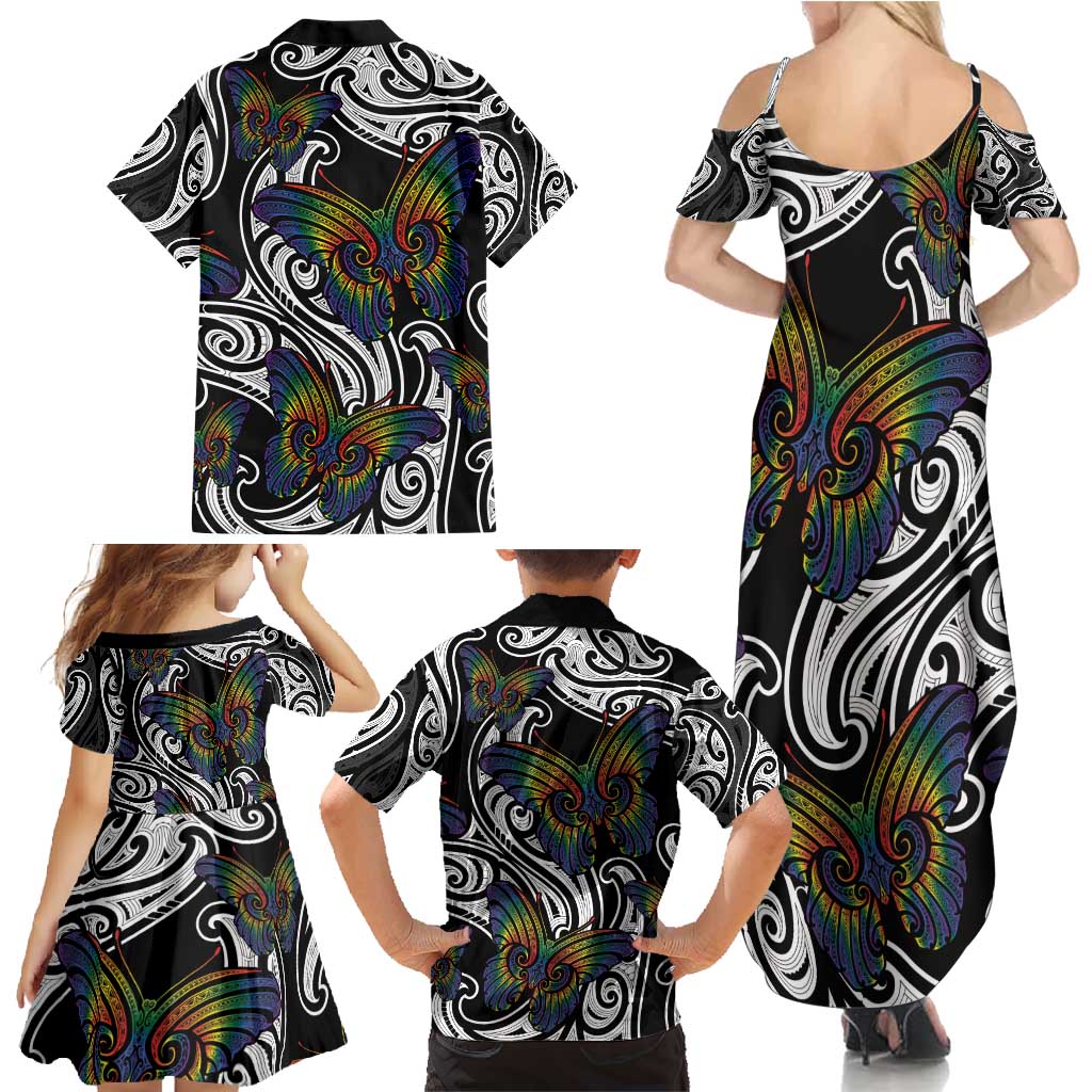 Aotearoa Takatapui Pride Family Matching Summer Maxi Dress and Hawaiian Shirt Rainbow Butterfly - Free To Love LT7 - Polynesian Pride