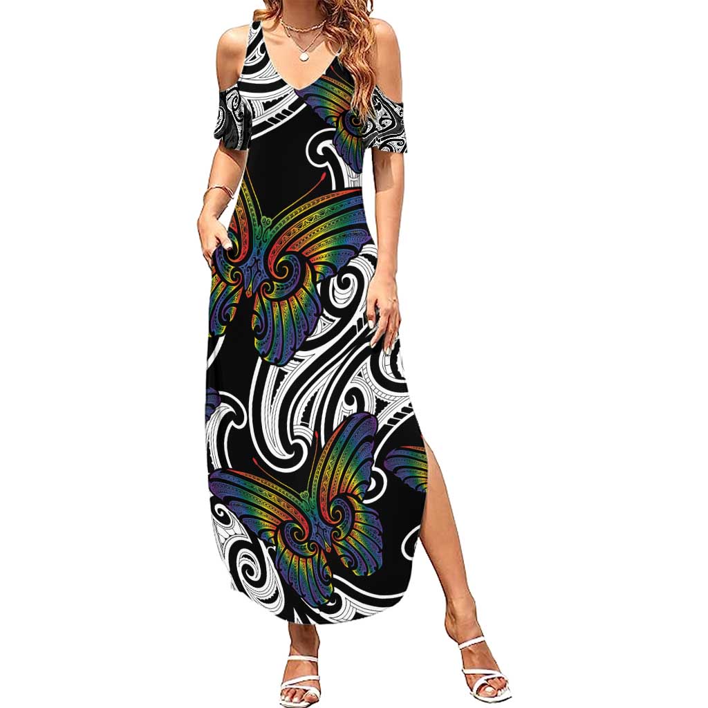 Aotearoa Takatapui Pride Family Matching Summer Maxi Dress and Hawaiian Shirt Rainbow Butterfly - Free To Love LT7 Mom's Dress Black - Polynesian Pride