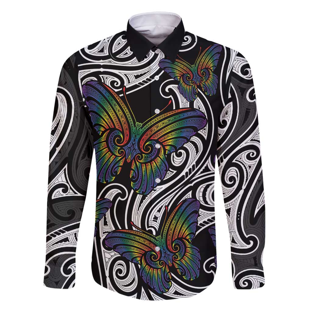 Aotearoa Takatapui Pride Family Matching Tank Maxi Dress and Hawaiian Shirt Rainbow Butterfly - Free To Love LT7 Dad's Shirt - Long Sleeve Black - Polynesian Pride