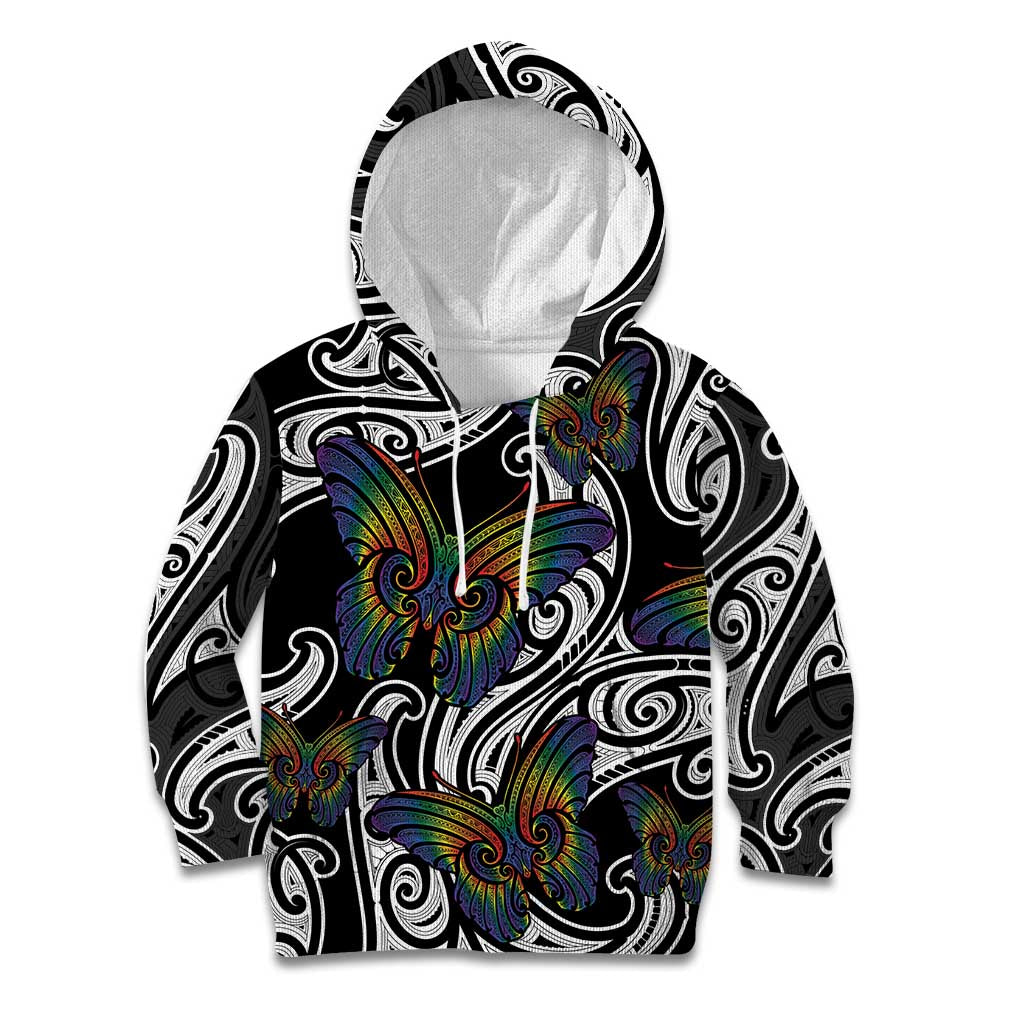 Aotearoa Takatapui Pride Kid Hoodie Rainbow Butterfly - Free To Love LT7 Hoodie Black - Polynesian Pride