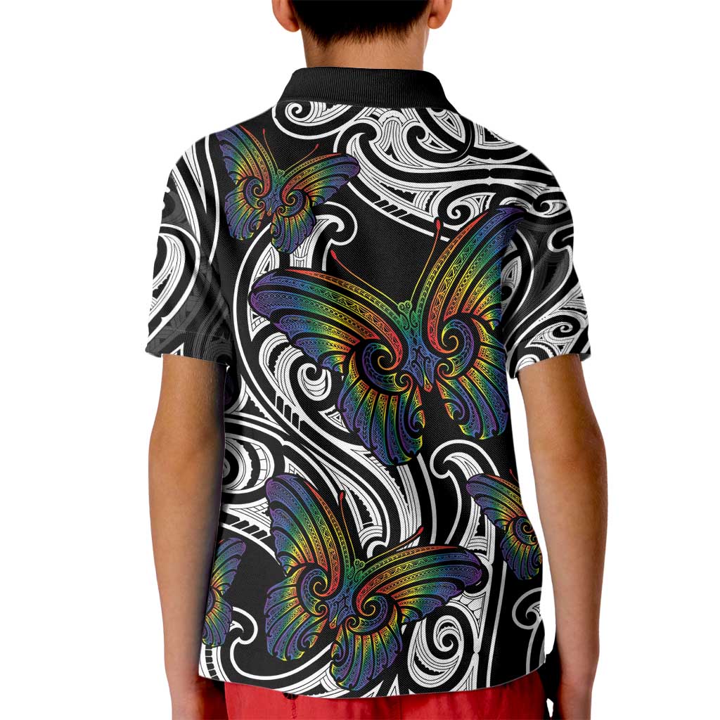 Aotearoa Takatapui Pride Kid Polo Shirt Rainbow Butterfly - Free To Love