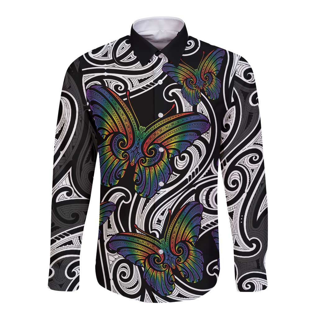 Aotearoa Takatapui Pride Long Sleeve Button Shirt Rainbow Butterfly - Free To Love