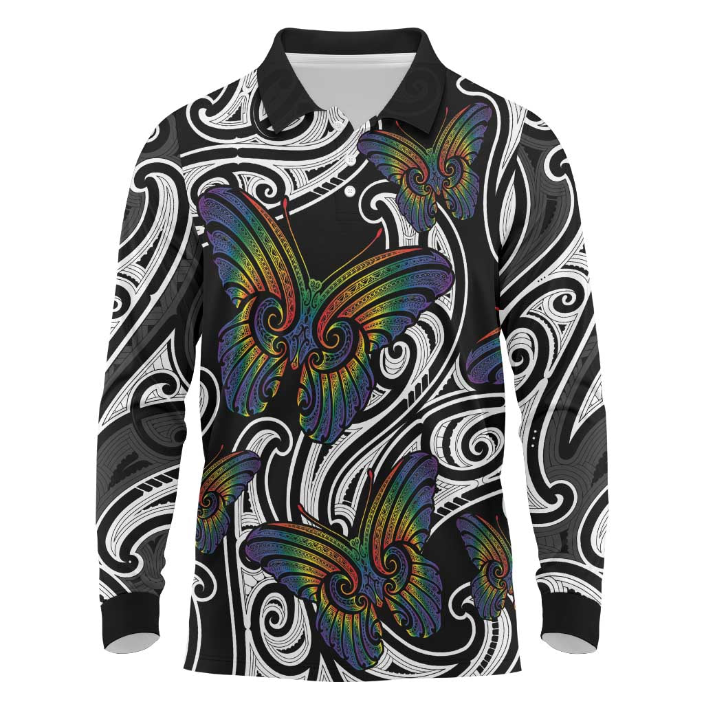Aotearoa Takatapui Pride Long Sleeve Polo Shirt Rainbow Butterfly - Free To Love