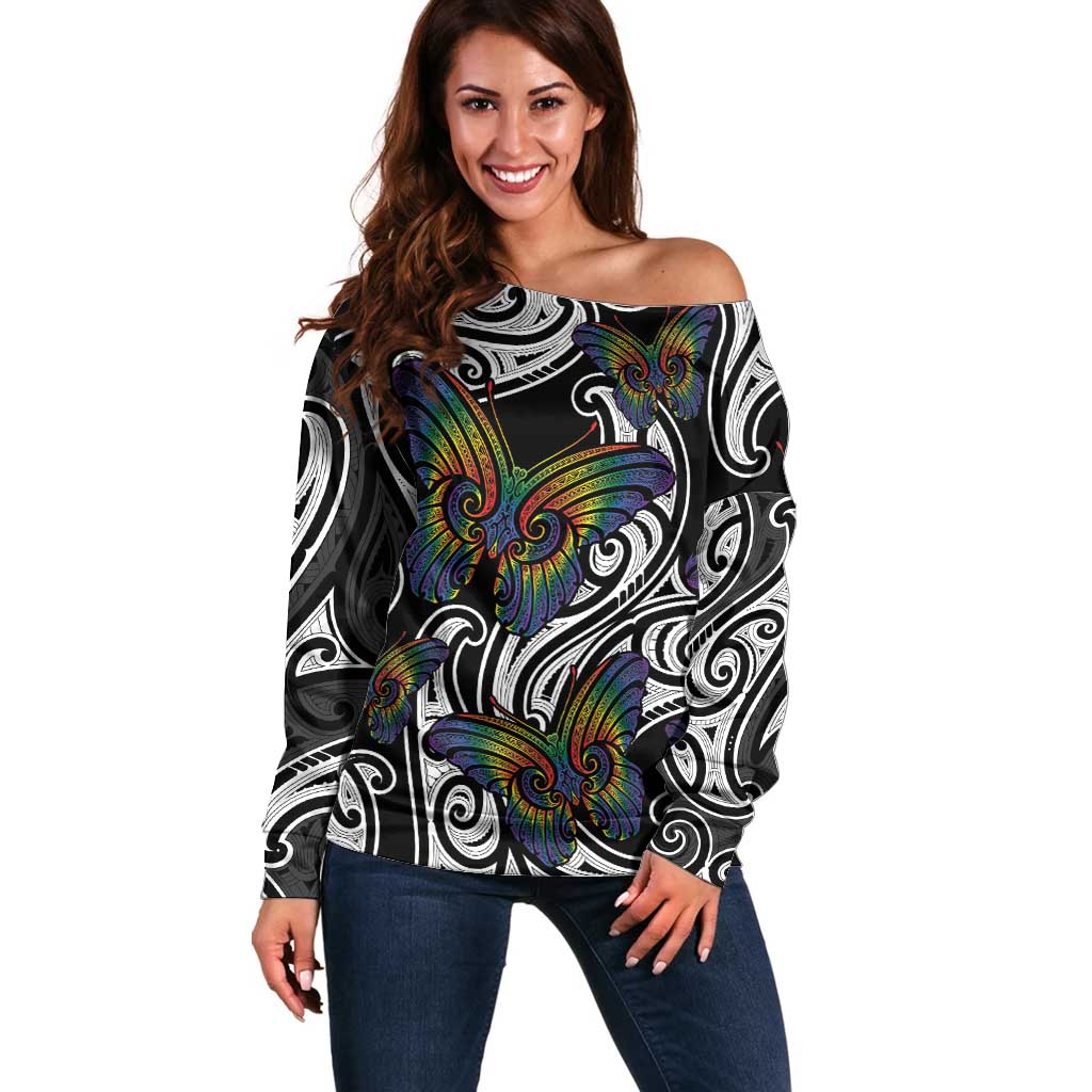 Aotearoa Takatapui Pride Off Shoulder Sweater Rainbow Butterfly - Free To Love LT7 Women Black - Polynesian Pride