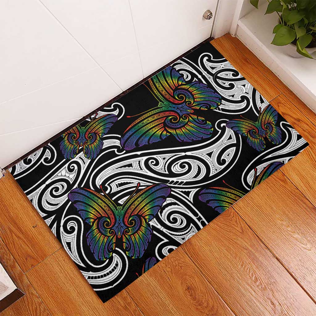 Aotearoa Takatapui Pride Rubber Doormat Rainbow Butterfly - Free To Love