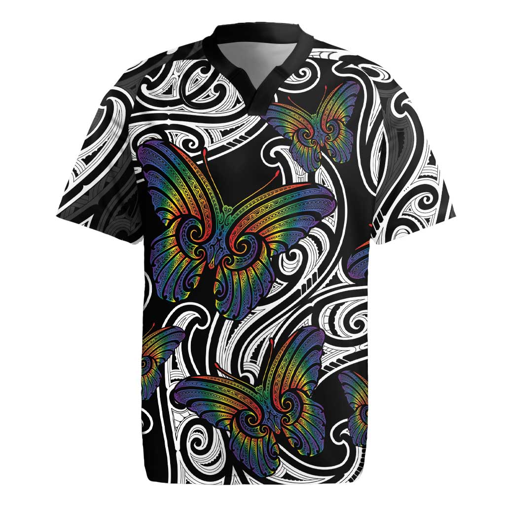 Aotearoa Takatapui Pride Rugby Jersey Rainbow Butterfly - Free To Love LT7 Black - Polynesian Pride