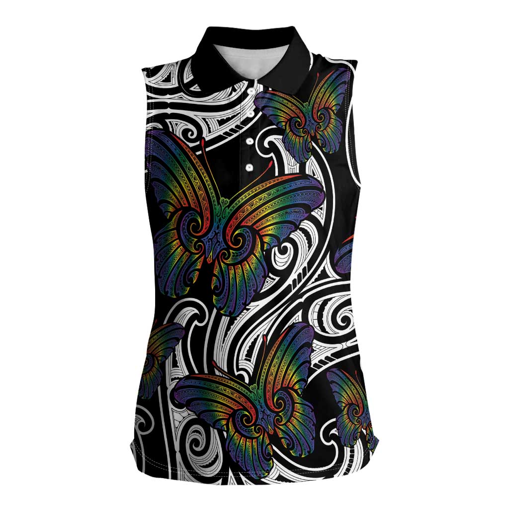 Aotearoa Takatapui Pride Women Sleeveless Polo Shirt Rainbow Butterfly - Free To Love
