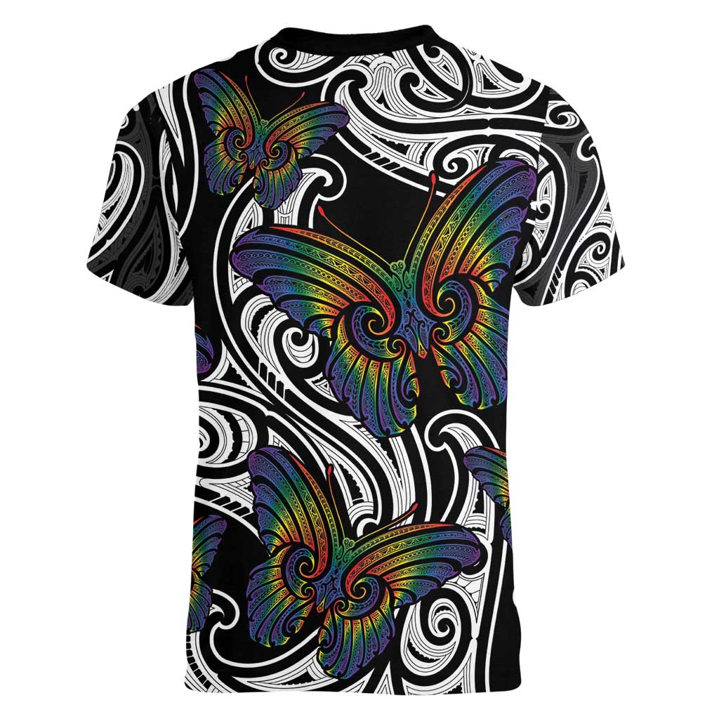 Aotearoa Takatapui Pride Women V-Neck T-Shirt Rainbow Butterfly - Free To Love