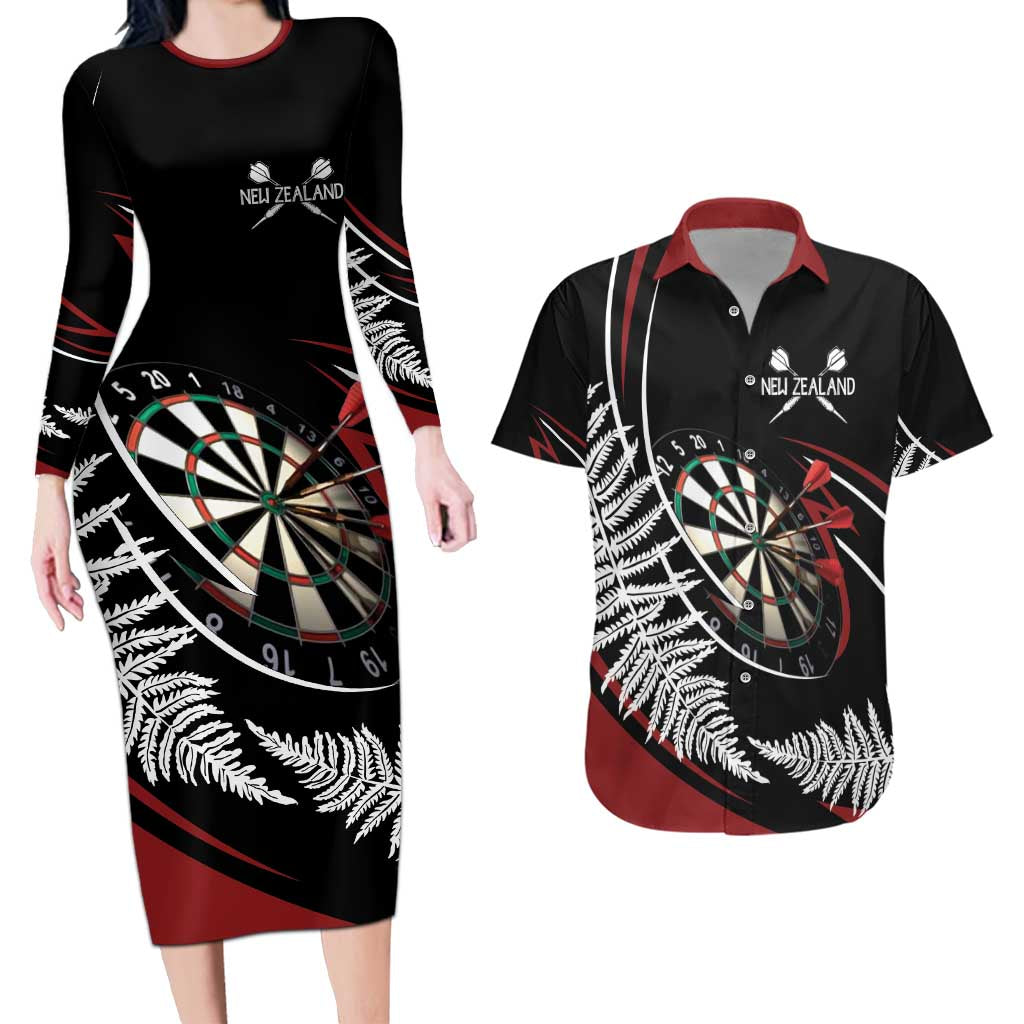 New Zealand Darts Personalised Couples Matching Long Sleeve Bodycon Dress and Hawaiian Shirt Silver Fern Dynamic LT7 Red - Polynesian Pride