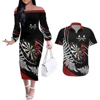 New Zealand Darts Personalised Couples Matching Off The Shoulder Long Sleeve Dress and Hawaiian Shirt Silver Fern Dynamic LT7 Red - Polynesian Pride