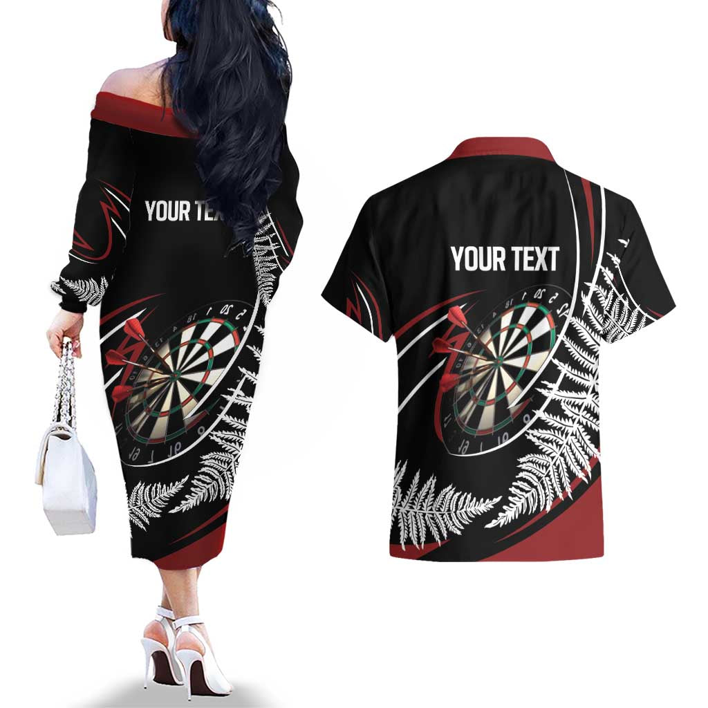 New Zealand Darts Personalised Couples Matching Off The Shoulder Long Sleeve Dress and Hawaiian Shirt Silver Fern Dynamic LT7 - Polynesian Pride