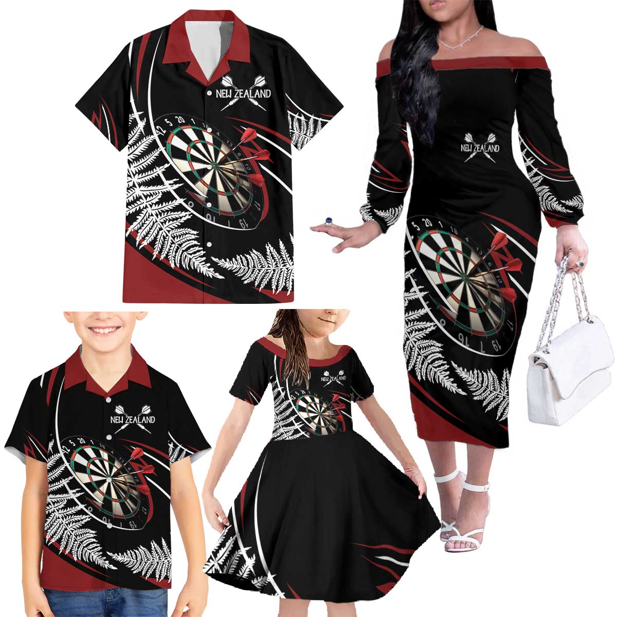 New Zealand Darts Personalised Family Matching Off The Shoulder Long Sleeve Dress and Hawaiian Shirt Silver Fern Dynamic LT7 - Polynesian Pride