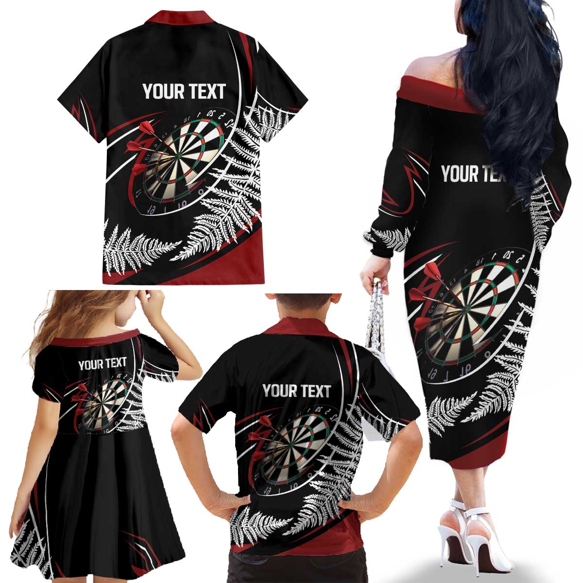 New Zealand Darts Personalised Family Matching Off The Shoulder Long Sleeve Dress and Hawaiian Shirt Silver Fern Dynamic LT7 - Polynesian Pride