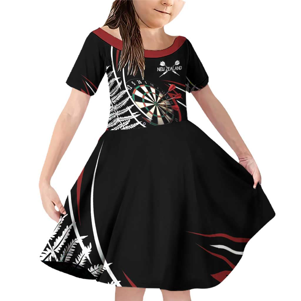 New Zealand Darts Personalised Family Matching Off Shoulder Short Dress and Hawaiian Shirt Silver Fern Dynamic LT7 Daughter's Dress Red - Polynesian Pride