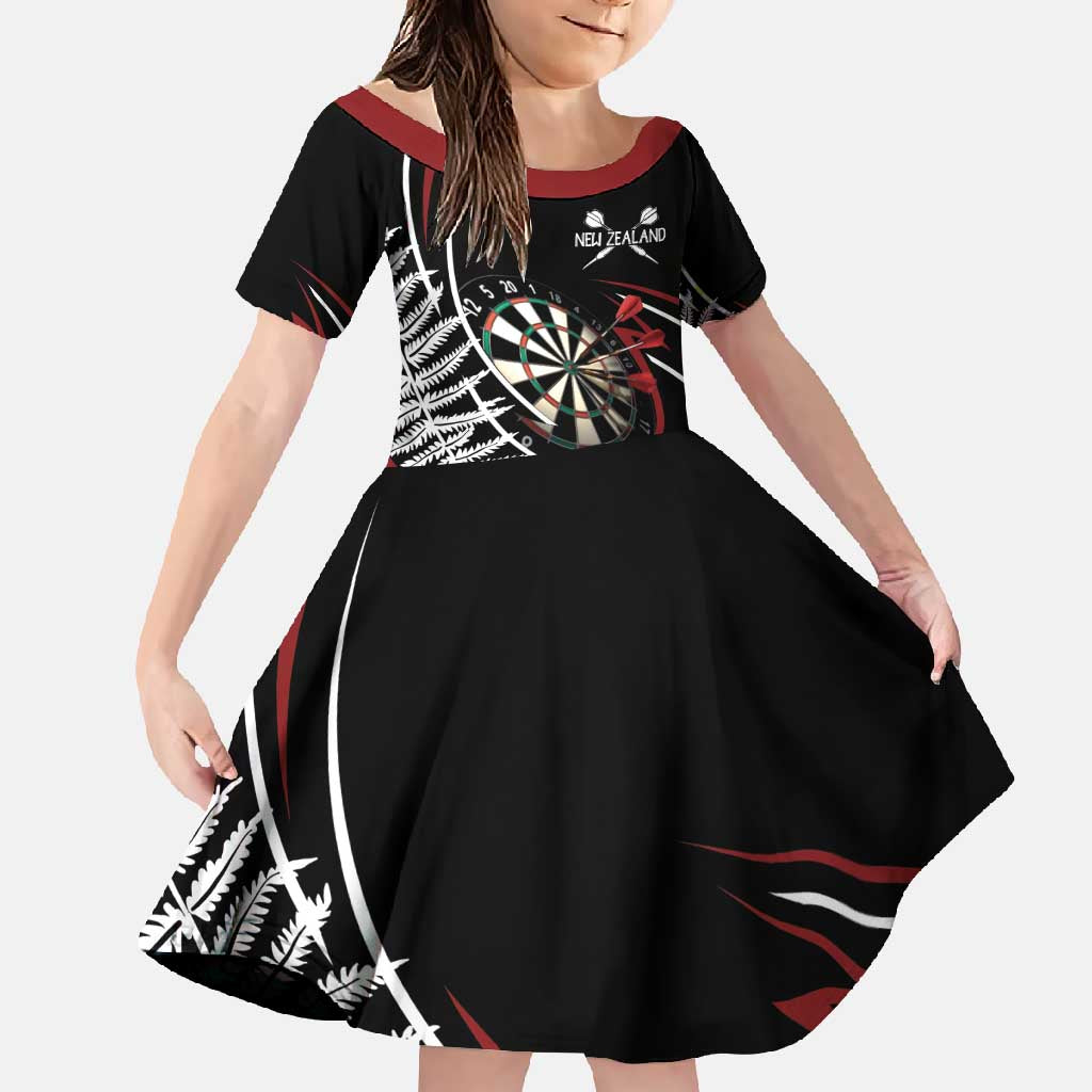 New Zealand Darts Personalised Family Matching Summer Maxi Dress and Hawaiian Shirt Silver Fern Dynamic LT7 Daughter's Dress Red - Polynesian Pride