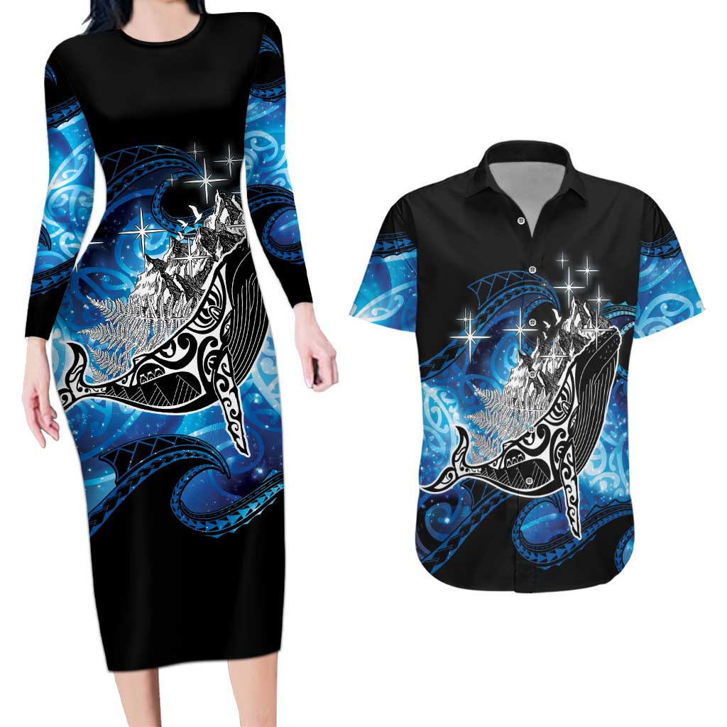Maori Matariki Te Araroa Paikea Starry Couples Matching Long Sleeve Bodycon Dress and Hawaiian Shirt Tangaroa Whakatauki