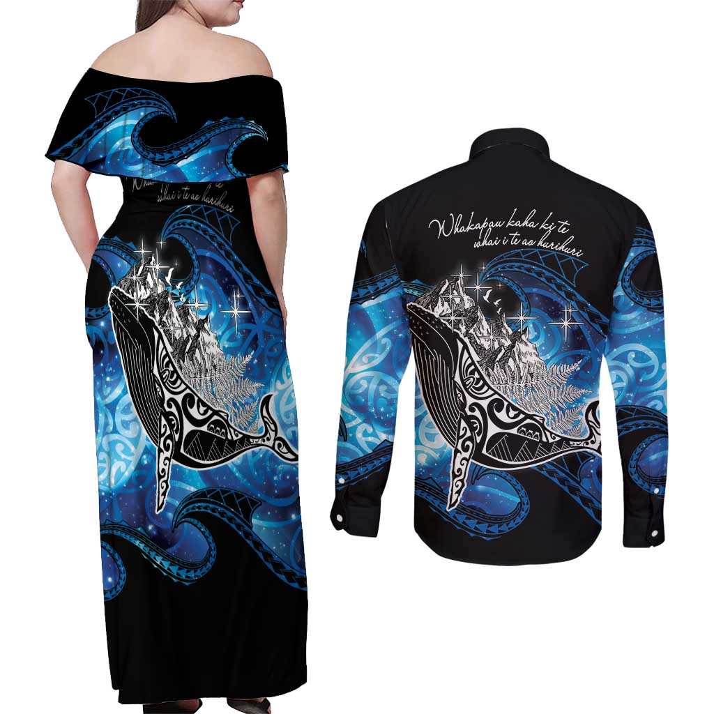 Maori Matariki Te Araroa Paikea Starry Couples Matching Off Shoulder Maxi Dress and Long Sleeve Button Shirt Tangaroa Whakatauki