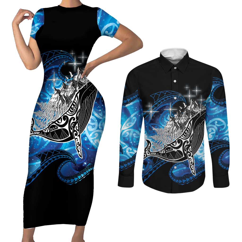 Maori Matariki Te Araroa Paikea Starry Couples Matching Short Sleeve Bodycon Dress and Long Sleeve Button Shirt Tangaroa Whakatauki