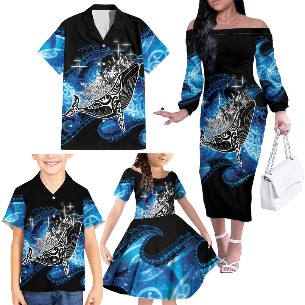 Maori Matariki Te Araroa Paikea Starry Family Matching Off The Shoulder Long Sleeve Dress and Hawaiian Shirt Tangaroa Whakatauki LT7 - Polynesian Pride