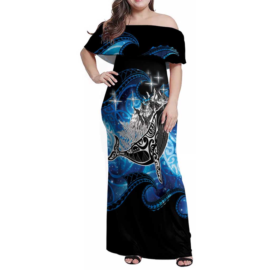 Maori Matariki Te Araroa Paikea Starry Family Matching Off Shoulder Maxi Dress and Hawaiian Shirt Tangaroa Whakatauki LT7 Mom's Dress Black - Polynesian Pride