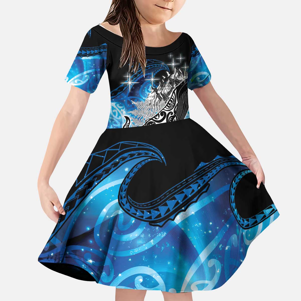 Maori Matariki Te Araroa Paikea Starry Kid Short Sleeve Dress Tangaroa Whakatauki
