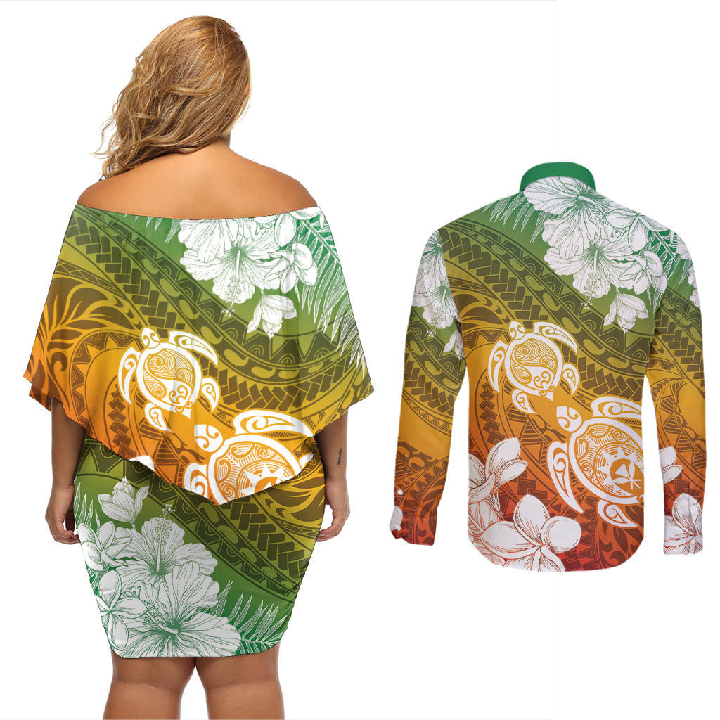 Kanaka Maoli Hawaii Flag Day Couples Matching Off Shoulder Short Dress and Long Sleeve Button Shirt Vibrant Frangipani