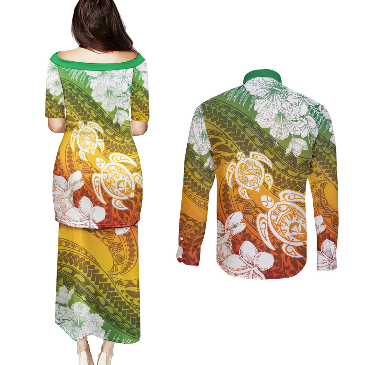 Kanaka Maoli Hawaii Flag Day Couples Matching Puletasi and Long Sleeve Button Shirt Vibrant Frangipani