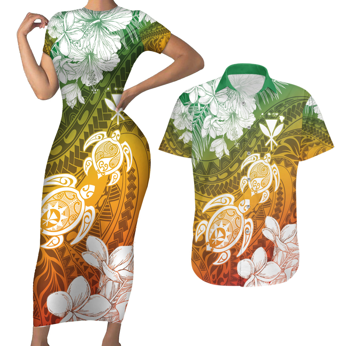 Kanaka Maoli Hawaii Flag Day Couples Matching Short Sleeve Bodycon Dress and Hawaiian Shirt Vibrant Frangipani LT7 Colorful - Polynesian Pride
