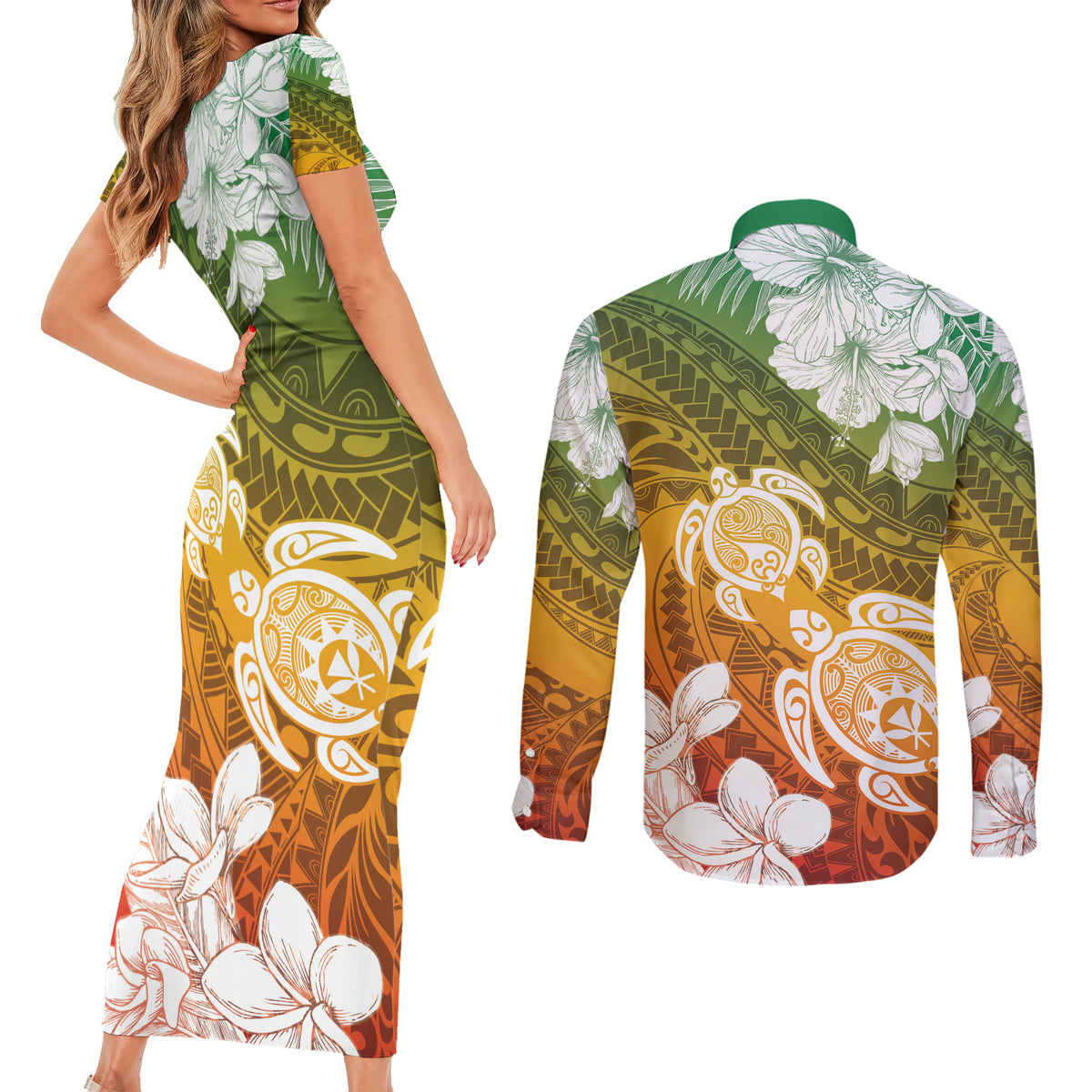 Kanaka Maoli Hawaii Flag Day Couples Matching Short Sleeve Bodycon Dress and Long Sleeve Button Shirt Vibrant Frangipani