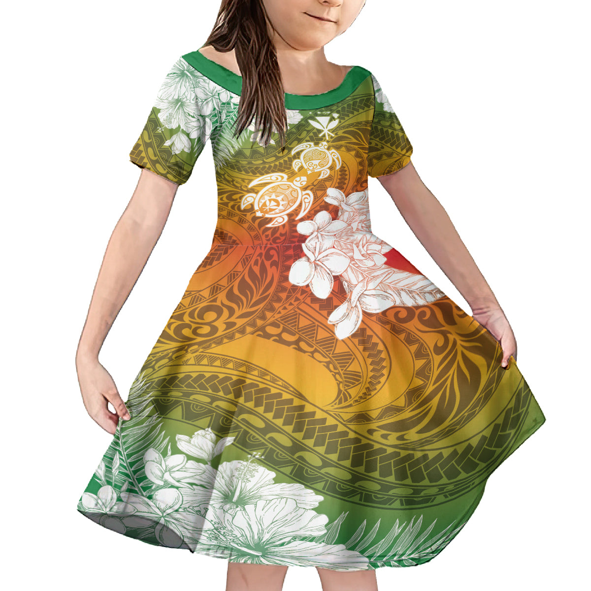 Kanaka Maoli Hawaii Flag Day Family Matching Off The Shoulder Long Sleeve Dress and Hawaiian Shirt Vibrant Frangipani LT7 Daughter's Dress Colorful - Polynesian Pride