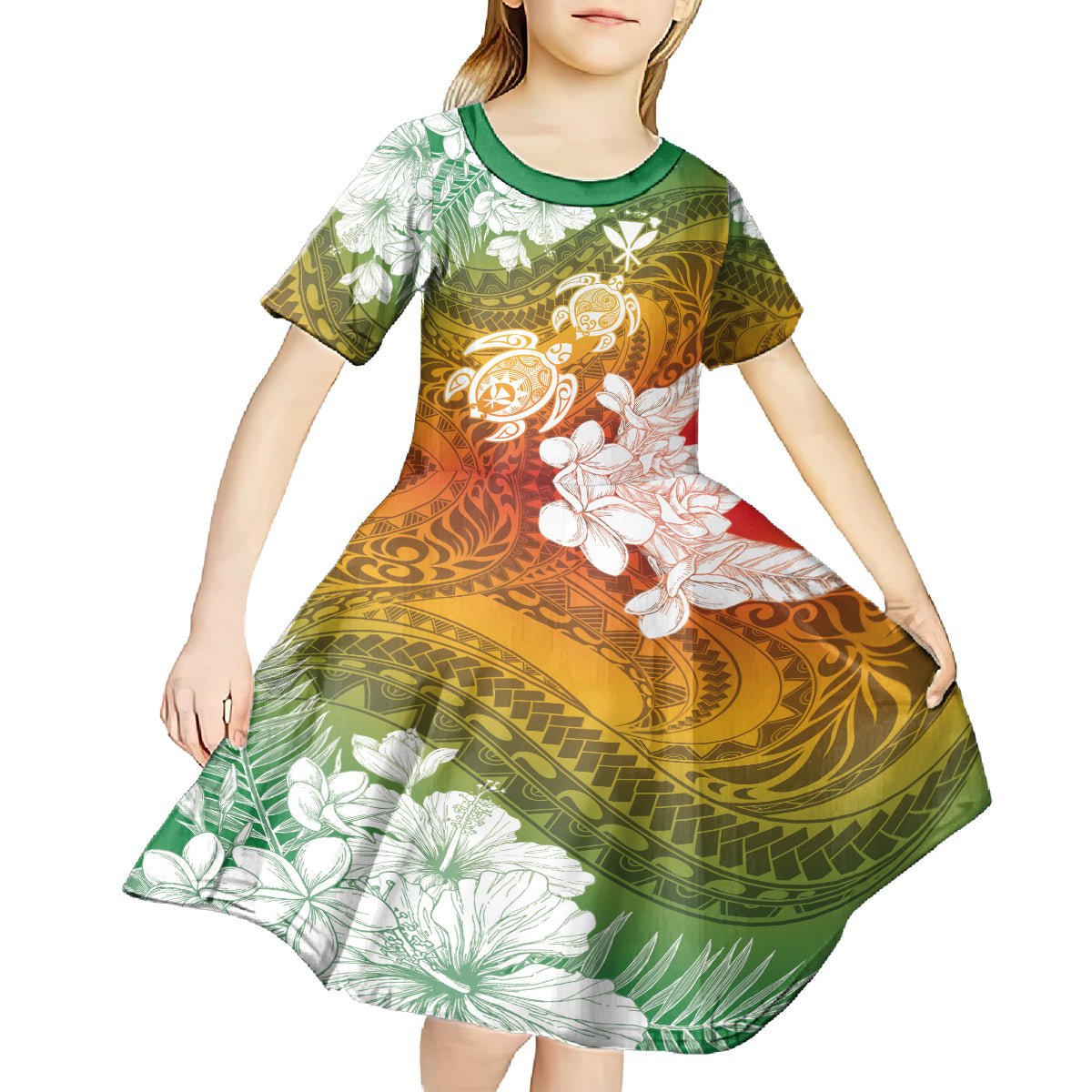Kanaka Maoli Hawaii Flag Day Kid Short Sleeve Dress Vibrant Frangipani