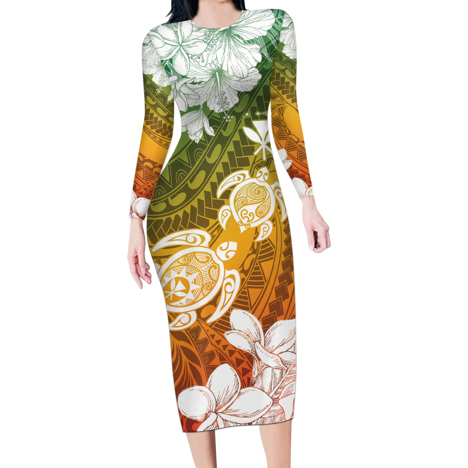 Kanaka Maoli Hawaii Flag Day Long Sleeve Bodycon Dress Vibrant Frangipani