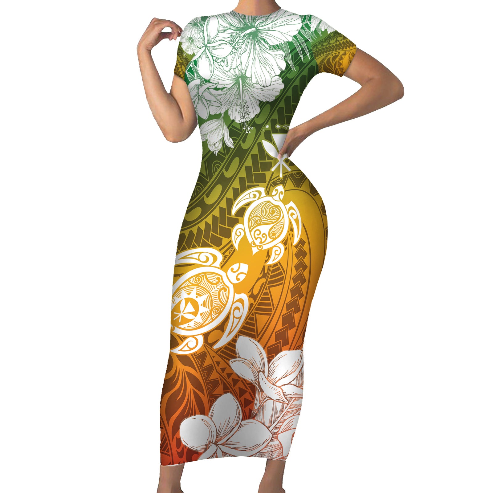Kanaka Maoli Hawaii Flag Day Short Sleeve Bodycon Dress Vibrant Frangipani