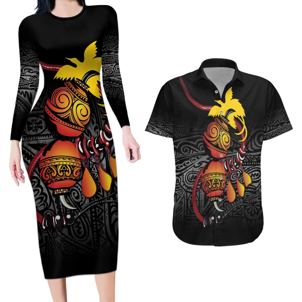 Personalized Papua New Guinea Milne Bay Couples Matching Long Sleeve Bodycon Dress and Hawaiian Shirt Bagi Necklace Mix Lime Pot Grunge