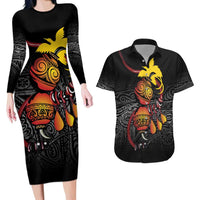 Personalized Papua New Guinea Milne Bay Couples Matching Long Sleeve Bodycon Dress and Hawaiian Shirt Bagi Necklace Mix Lime Pot Grunge LT7 Black - Polynesian Pride