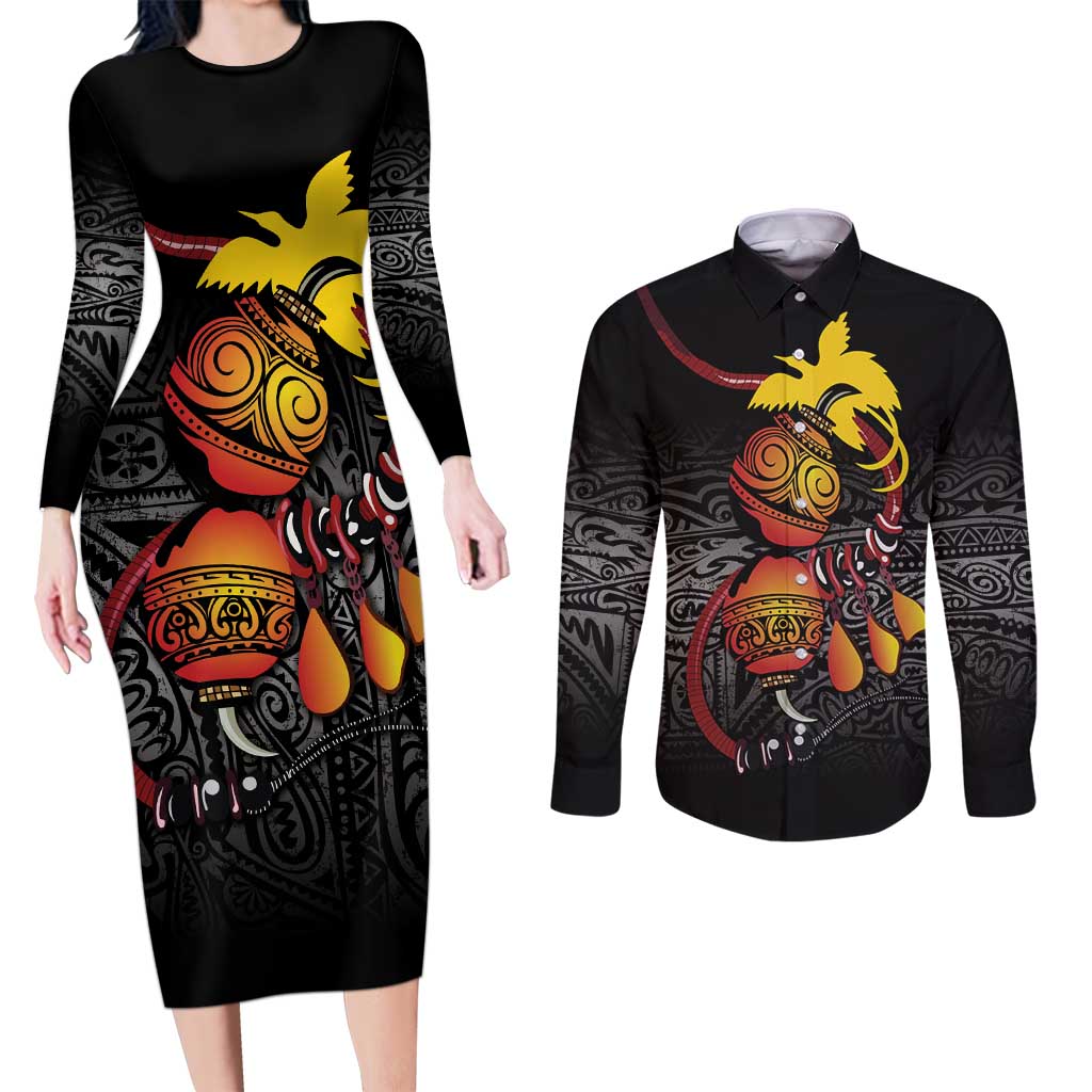 Personalized Papua New Guinea Milne Bay Couples Matching Long Sleeve Bodycon Dress and Long Sleeve Button Shirt Bagi Necklace Mix Lime Pot Grunge LT7 Black - Polynesian Pride