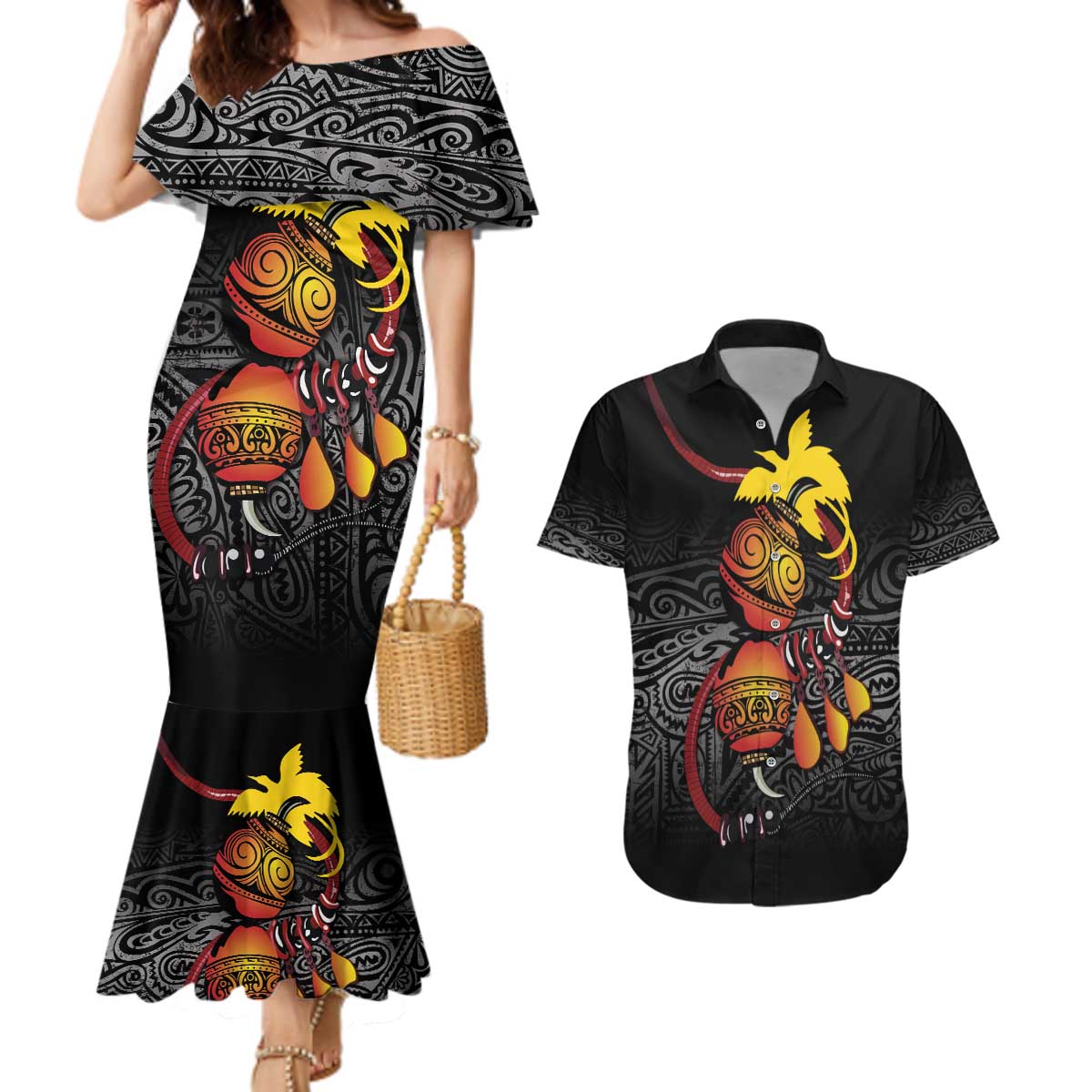 Personalized Papua New Guinea Milne Bay Couples Matching Mermaid Dress and Hawaiian Shirt Bagi Necklace Mix Lime Pot Grunge