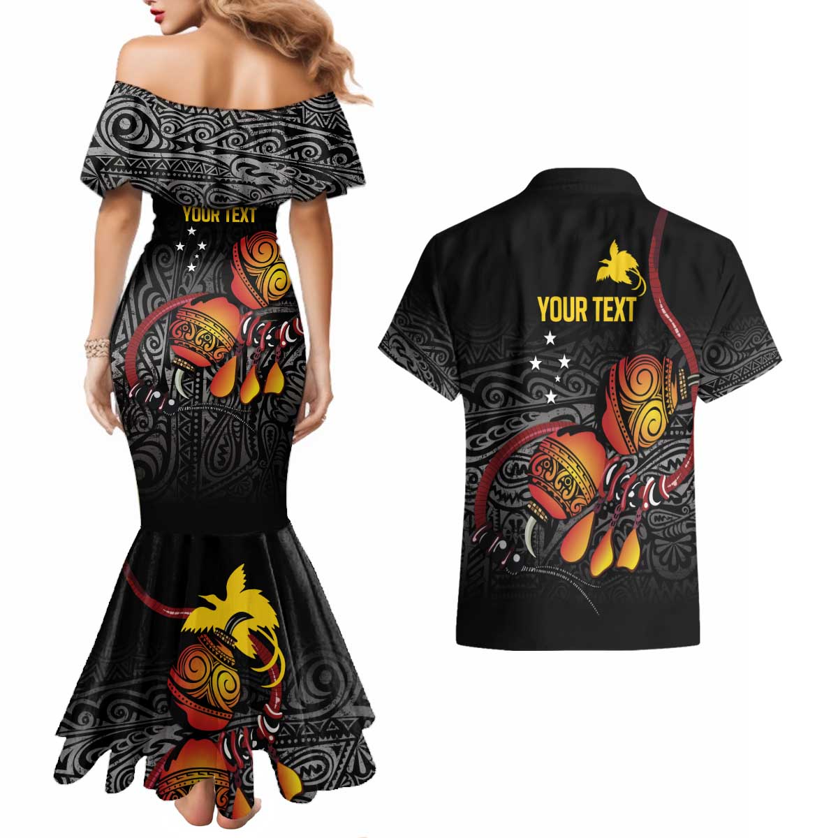 Personalized Papua New Guinea Milne Bay Couples Matching Mermaid Dress and Hawaiian Shirt Bagi Necklace Mix Lime Pot Grunge LT7 - Polynesian Pride