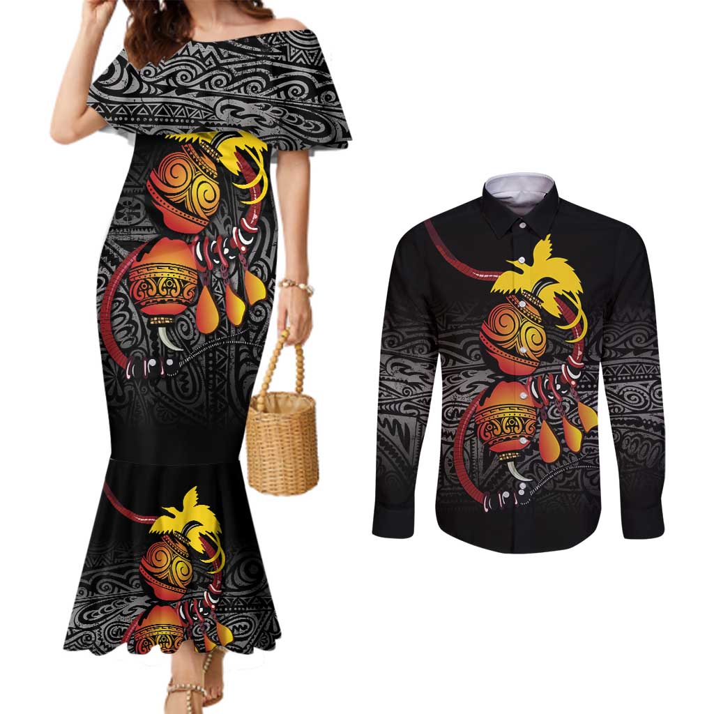 Personalized Papua New Guinea Milne Bay Couples Matching Mermaid Dress and Long Sleeve Button Shirt Bagi Necklace Mix Lime Pot Grunge