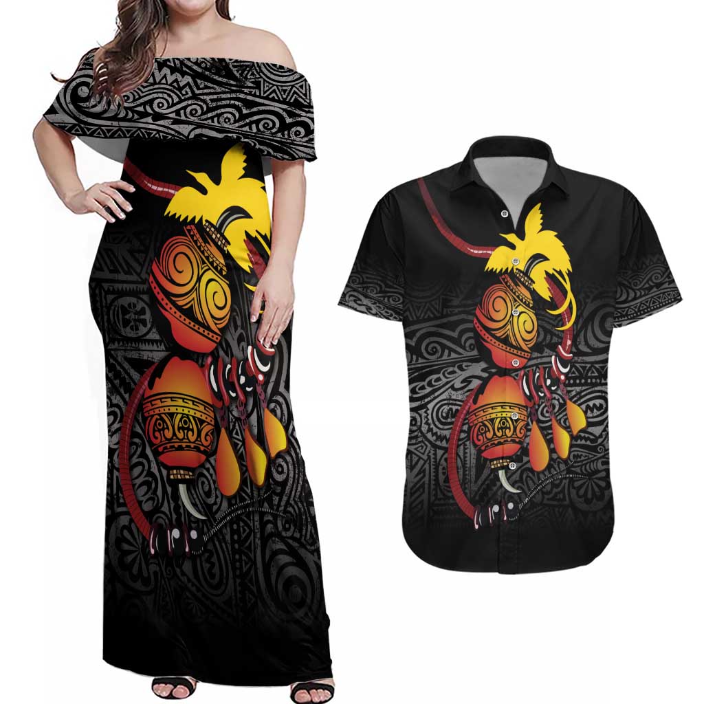Personalized Papua New Guinea Milne Bay Couples Matching Off Shoulder Maxi Dress and Hawaiian Shirt Bagi Necklace Mix Lime Pot Grunge LT7 Black - Polynesian Pride