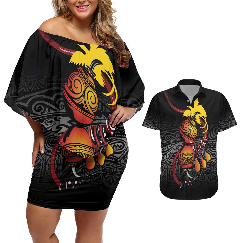 Personalized Papua New Guinea Milne Bay Couples Matching Off Shoulder Short Dress and Hawaiian Shirt Bagi Necklace Mix Lime Pot Grunge LT7 Black - Polynesian Pride