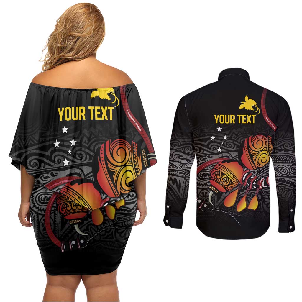 Personalized Papua New Guinea Milne Bay Couples Matching Off Shoulder Short Dress and Long Sleeve Button Shirt Bagi Necklace Mix Lime Pot Grunge