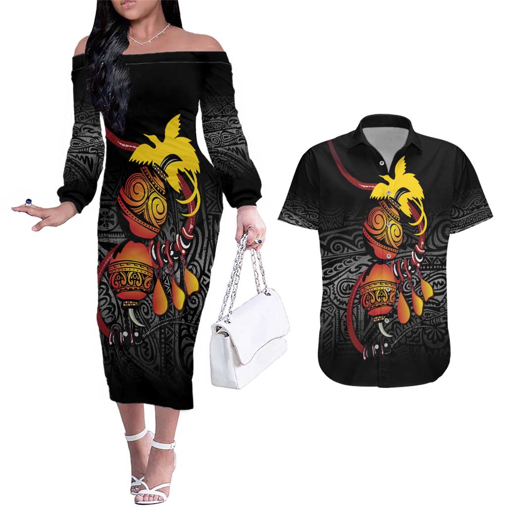 Personalized Papua New Guinea Milne Bay Couples Matching Off The Shoulder Long Sleeve Dress and Hawaiian Shirt Bagi Necklace Mix Lime Pot Grunge LT7 Black - Polynesian Pride