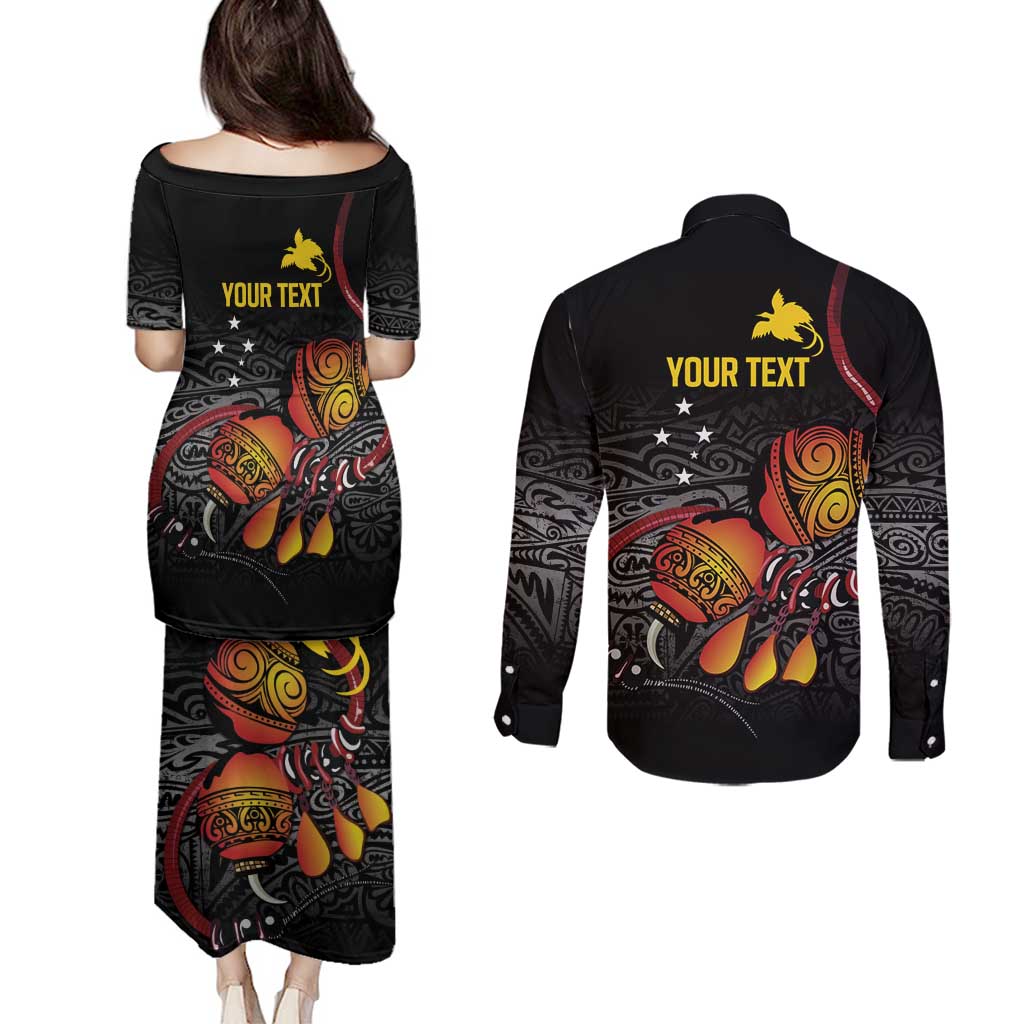 Personalized Papua New Guinea Milne Bay Couples Matching Puletasi and Long Sleeve Button Shirt Bagi Necklace Mix Lime Pot Grunge