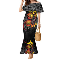 Personalized Papua New Guinea Milne Bay Family Matching Mermaid Dress and Hawaiian Shirt Bagi Necklace Mix Lime Pot Grunge LT7 Mom's Dress Black - Polynesian Pride