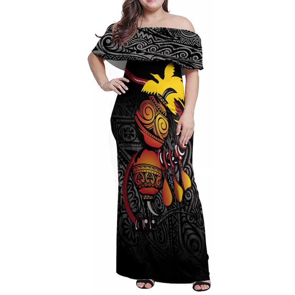 Personalized Papua New Guinea Milne Bay Family Matching Off Shoulder Maxi Dress and Hawaiian Shirt Bagi Necklace Mix Lime Pot Grunge LT7 Mom's Dress Black - Polynesian Pride