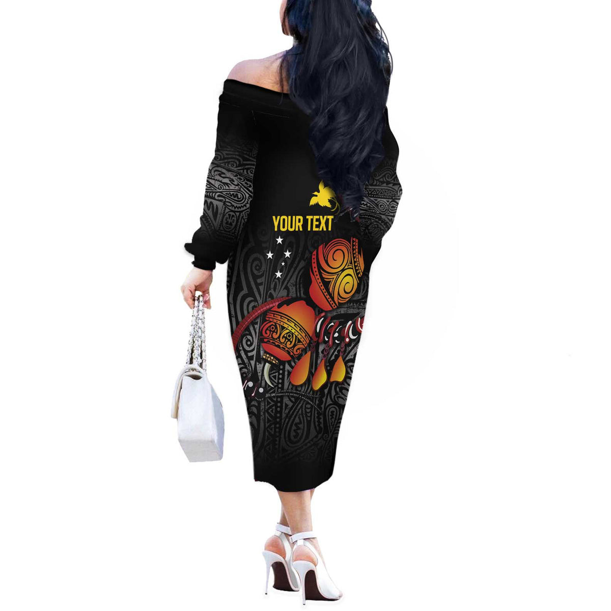 Personalized Papua New Guinea Milne Bay Off The Shoulder Long Sleeve Dress Bagi Necklace Mix Lime Pot Grunge