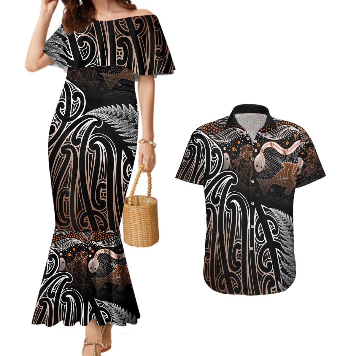 Aotearoa Maori - Australia Indigenous Couples Matching Mermaid Dress and Hawaiian Shirt Koiri Whakairo Mix Aboriginal Art - Polynesian Pride
