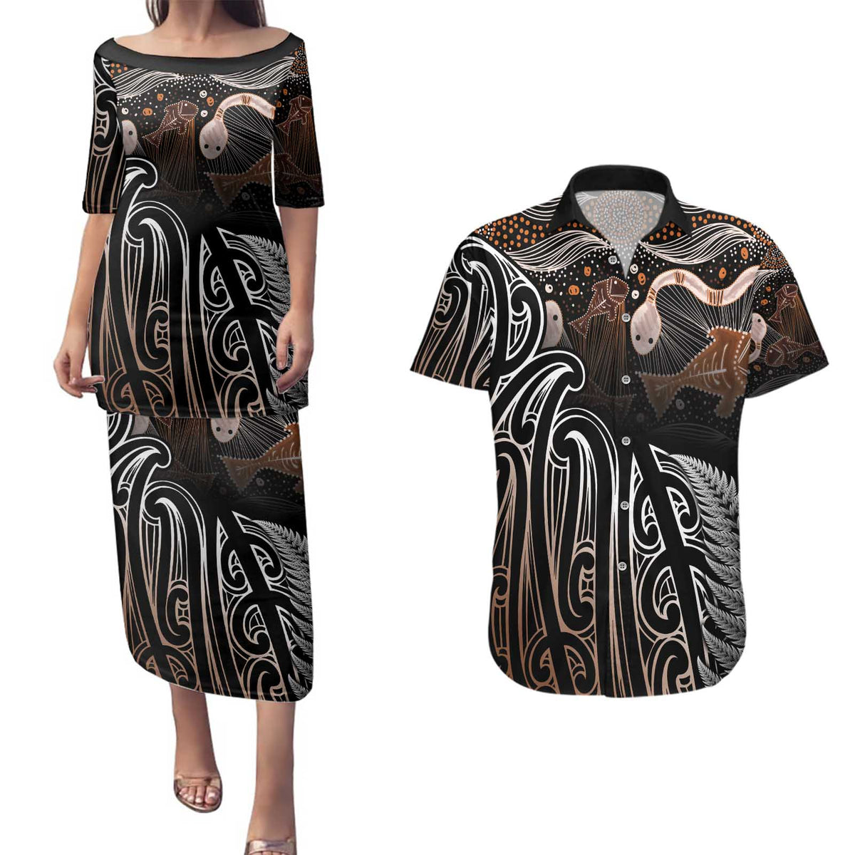 Aotearoa Maori - Australia Indigenous Couples Matching Puletasi and Hawaiian Shirt Koiri Whakairo Mix Aboriginal Art - Polynesian Pride