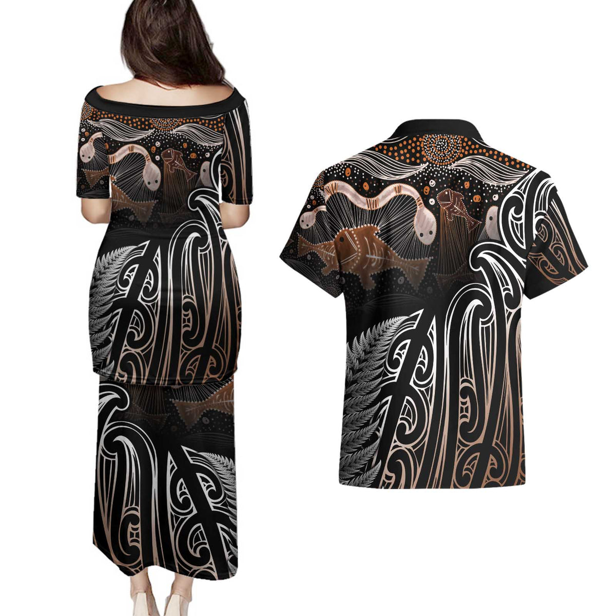 Aotearoa Maori - Australia Indigenous Couples Matching Puletasi and Hawaiian Shirt Koiri Whakairo Mix Aboriginal Art - Polynesian Pride